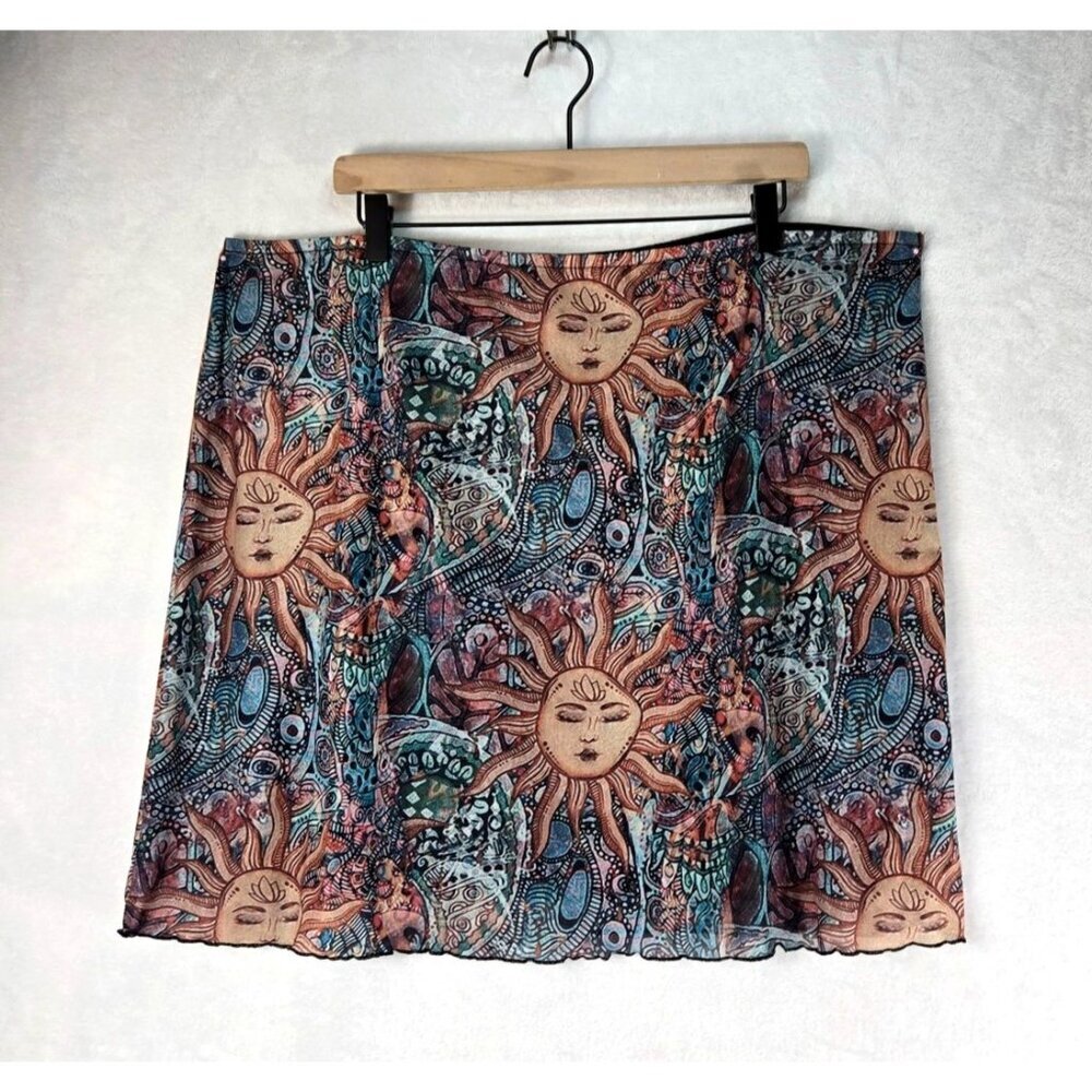 Vtg Sun Face Stretch Mini Skirt Sz 5XL Fully Lined Festival Beach Summer Days